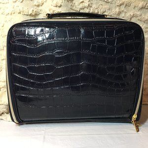 Estee Lauder Navy Blue Faux Crocodile Leather Cosmetic Zip Train Travel Case Bag